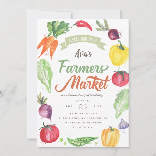 Modern Watercolor Farmers Market Birthday Party Invitation