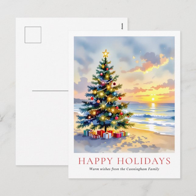 Modern Watercolor Festive Beach Coastal Christmas Holiday Postcard (Front/Back)