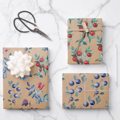 Modern Watercolor Festive Winter Berries Kraft Wrapping Paper Sheets