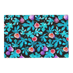 Modern Watercolor Figs Fruit on Black Placemat