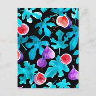 Modern Watercolor Figs Fruit on Black Postcard