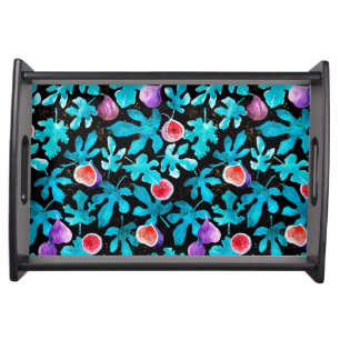 Modern Watercolor Figs Fruit on Black Serving Tray