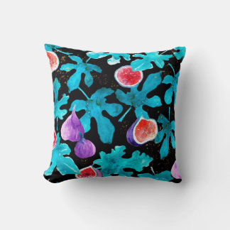 Modern Watercolor Figs Fruit on Black Throw Pillow