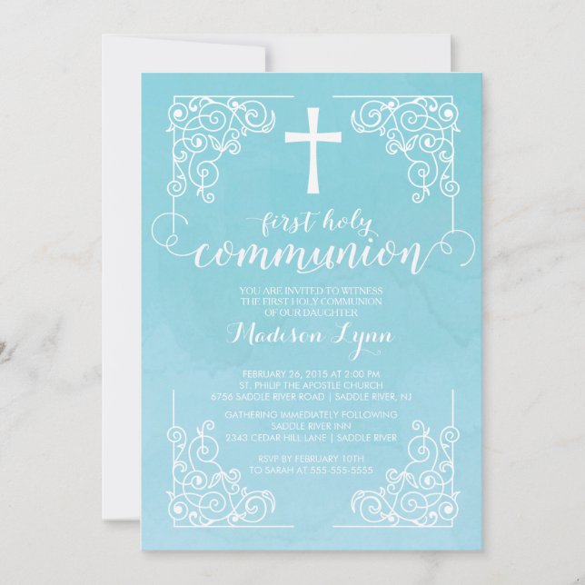 Modern Watercolor First Holy Communion Invitation (Front)