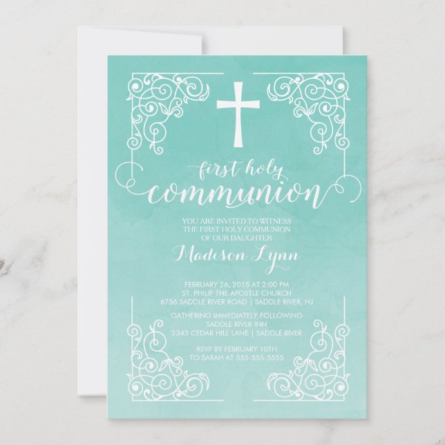 Modern Watercolor First Holy Communion Invitation (Front)
