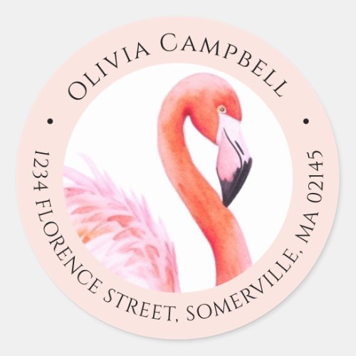 Modern Watercolor Flamingo Pink Return Address Classic Round Sticker