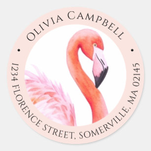 Modern Watercolor Flamingo Pink Return Address Classic Round Sticker