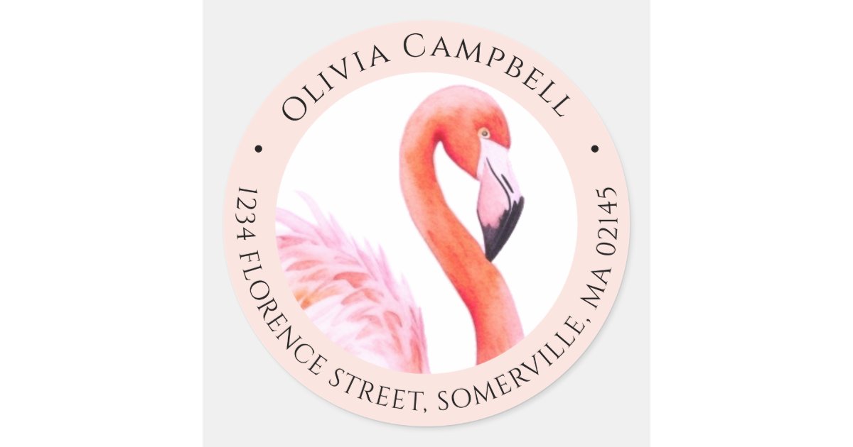 Pink Return Sign Modern Watercolor Flamingo Pink Return Address Classic Round Sticker ...