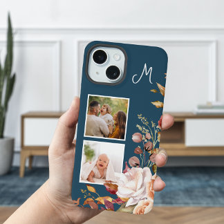 Modern Watercolor Floral 2-Photo Monogram iPhone 15 Case