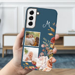 Modern Watercolor Floral 2-Photo Monogram Samsung Galaxy S22  Case<br><div class="desc">Trendy and modern corner cluster of pretty watercolor flowers,  two square photo templates and monogram text field with customizable background color.</div>