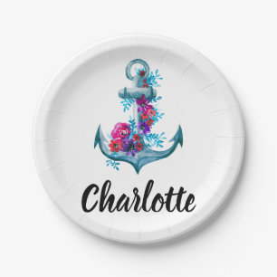 Modern Watercolor Floral Anchor Illustration Paper Plates