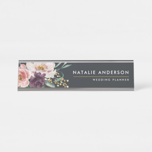 Modern watercolor floral and foliage elegant desk name plate
