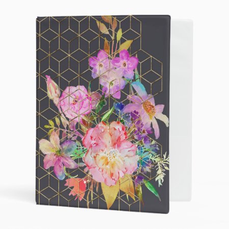 Modern Watercolor Floral And Gold Geometric Cubes. Mini Binder