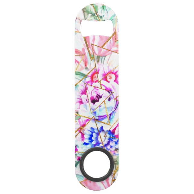 Modern watercolor floral and gold triangles bar key (Front)