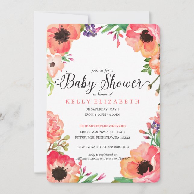 MODERN WATERCOLOR FLORAL baby shower invitation (Front)