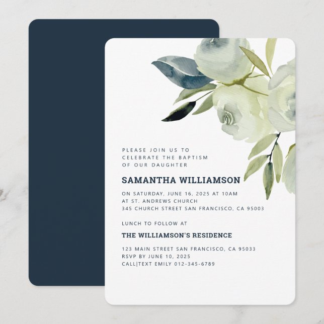Modern Watercolor Floral Baptism Invitation (Front/Back)