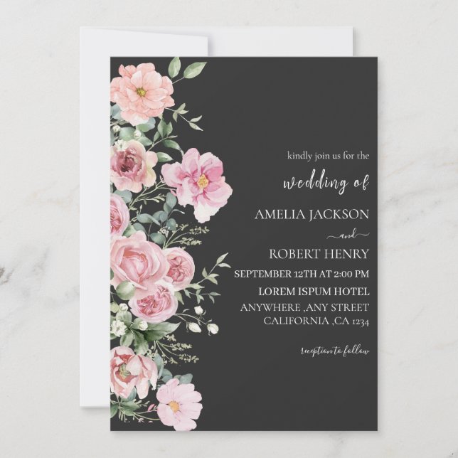 Modern watercolor floral Black and gold Wedding Invitation (Front)