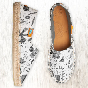 Modern Watercolor Floral Black and White Espadrilles