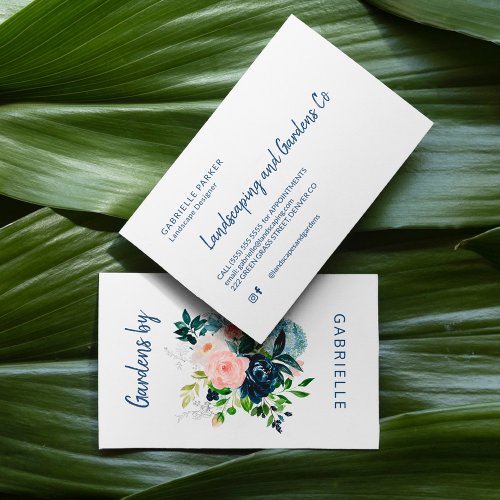 Modern watercolor floral blush navy gardener business card