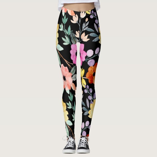 Modern Watercolor Floral Botanical FlowerS  Leggings (Front)