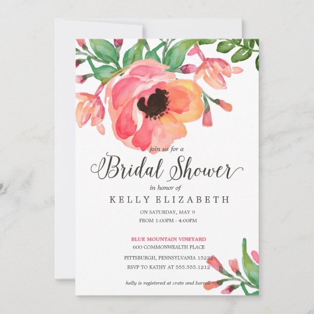 MODERN WATERCOLOR FLORAL bridal shower invitation (Front)