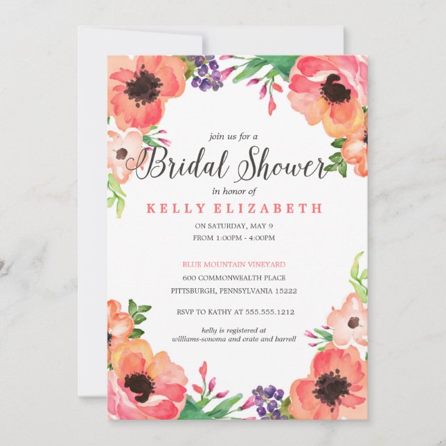 MODERN WATERCOLOR FLORAL bridal shower invitation (Front)
