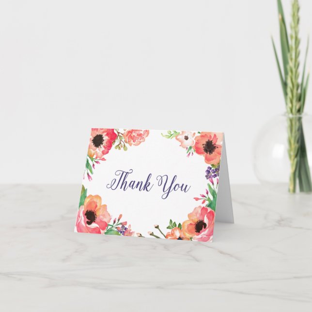 MODERN WATERCOLOR FLORAL bridal thank you card (Front)