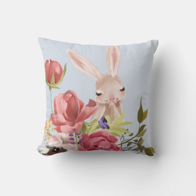 Modern Watercolor Floral Bunny Rabbit | Easter Throw Pillow (Front)
