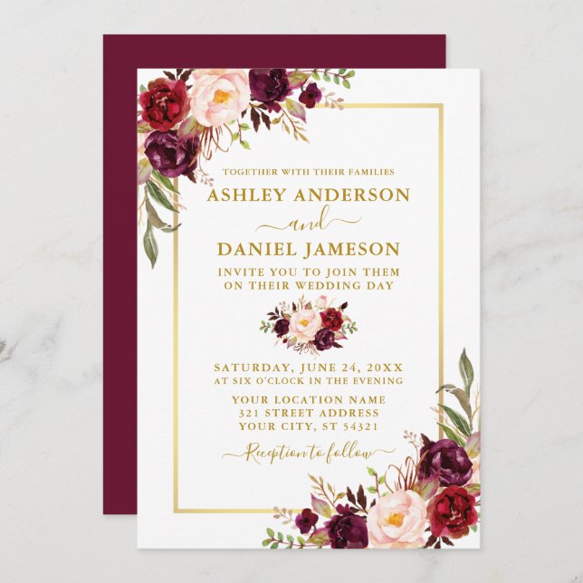 Modern Watercolor Floral Burgundy Wedding Gold Invitation (Front/Back)