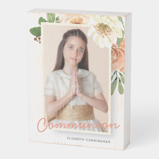Modern Watercolor Floral Communion Wooden Box Sign (Angled Vertical)