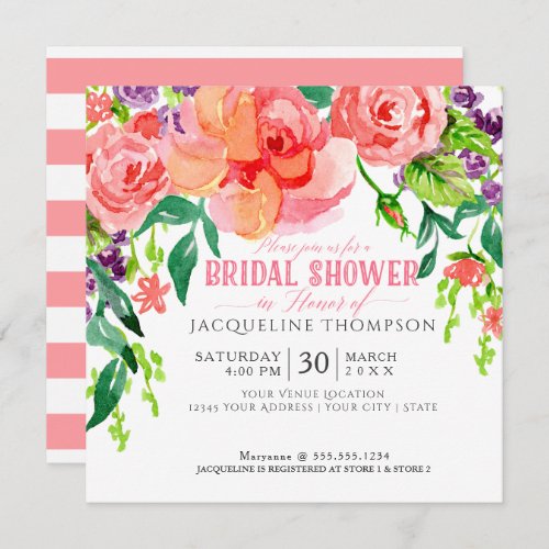 Modern Watercolor Floral Coral Pink Roses Lavender Invitation