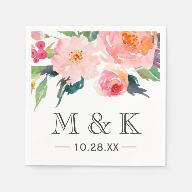 Modern Watercolor Floral Couple Monogram Wedding Paper Napkin