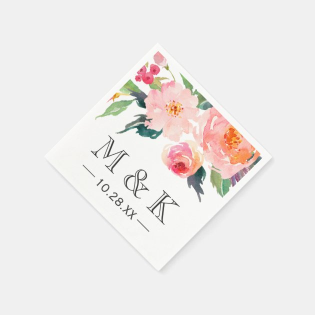 Modern Watercolor Floral Couple Monogram Wedding Paper Napkin
