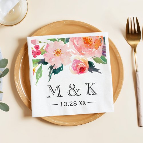 Modern Watercolor Floral Couple Monogram Wedding Paper Napkins