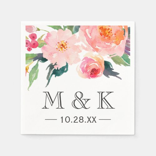 Modern Watercolor Floral Couple Monogram Wedding Paper Napkins