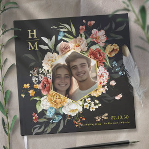 Modern Watercolor Floral Couple Photo Wedding gold Foil Guest Book