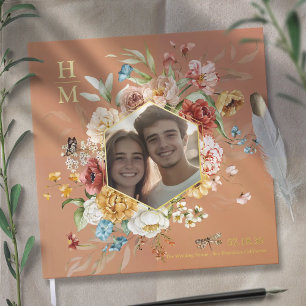 Modern Watercolor Floral Couple Photo Wedding gold Foil Guest Book