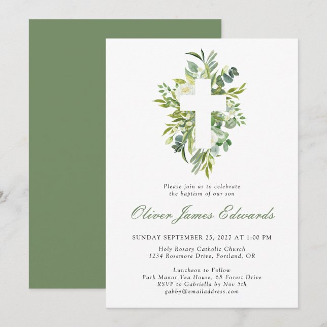 Modern Watercolor Floral Cross Sage Green Baptism  Invitation (Front/Back)