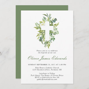 Modern Watercolor Floral Cross Sage Green Baptism Invitation