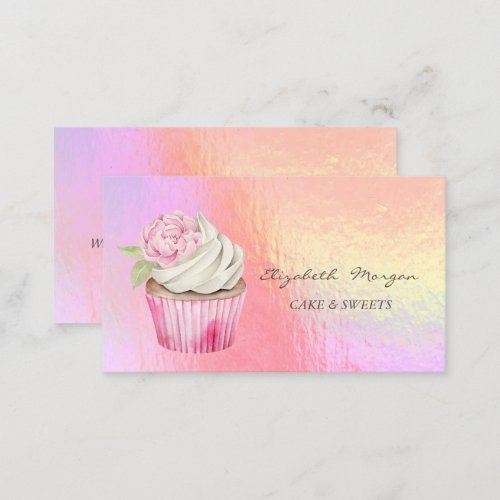  Modern Watercolor Floral Cupcake Holographic  Business Card