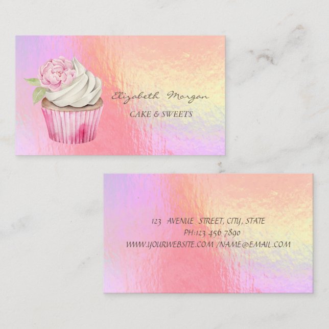  Modern Watercolor Floral Cupcake Holographic  Business Card (Front/Back)