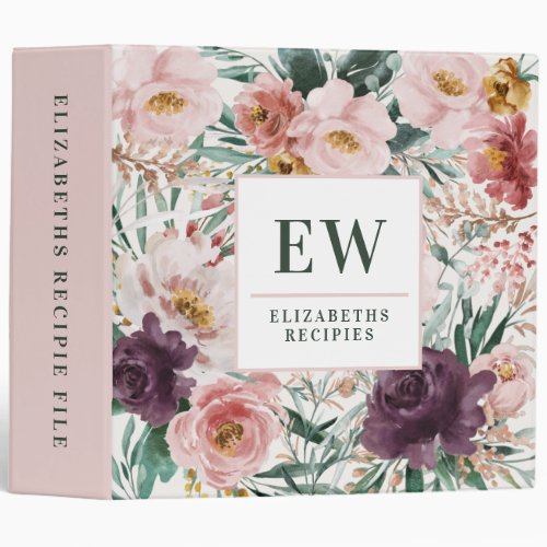 Modern watercolor floral elegant baking recipes 3  3 ring binder - Modern watercolor floral script elegant baking recipes binder file pink girly design. On trend floral, foliage beautiful botanical design. Part of a modern collection.