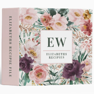 Modern watercolor floral elegant baking recipes 3  ring binder
