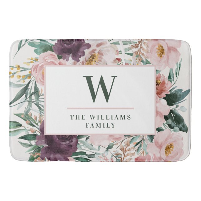 Modern watercolor floral elegant  bath mat (Front)