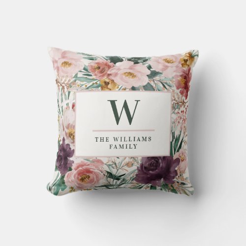 Modern watercolor floral elegant family throw pillow - Modern watercolor floral script elegant home pink girly design. On trend floral, foliage beautiful botanical design. Part of a modern collection.