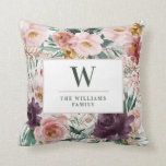 Modern watercolor floral elegant family throw pillow<br><div class="desc">Modern watercolor floral script elegant home pink girly design. On trend floral,  foliage beautiful botanical design. Part of a modern collection.</div>