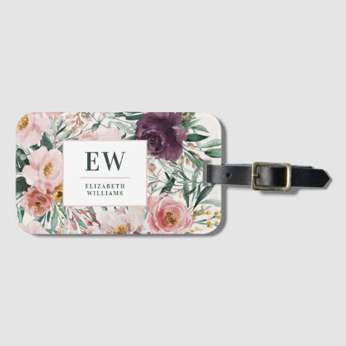 Modern watercolor floral elegant  luggage tag - Modern watercolor floral script elegant pink girly design. On trend floral, foliage beautiful botanical design. Part of a modern collection.
