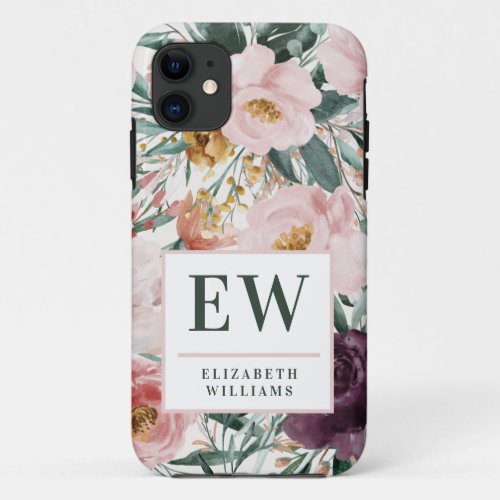 Modern watercolor floral elegant monogram iPhone 11 case