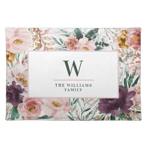 Modern watercolor floral elegant monogram pink cloth placemat - Modern watercolor floral script elegant home placemat pink girly design. On trend floral, foliage beautiful botanical design. Part of a modern collection.