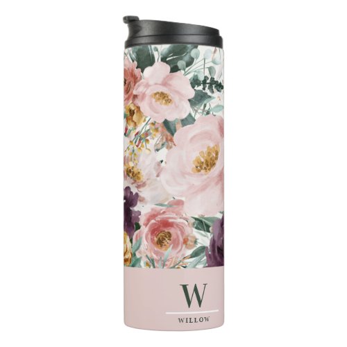 Modern watercolor floral elegant monogram pink thermal tumbler